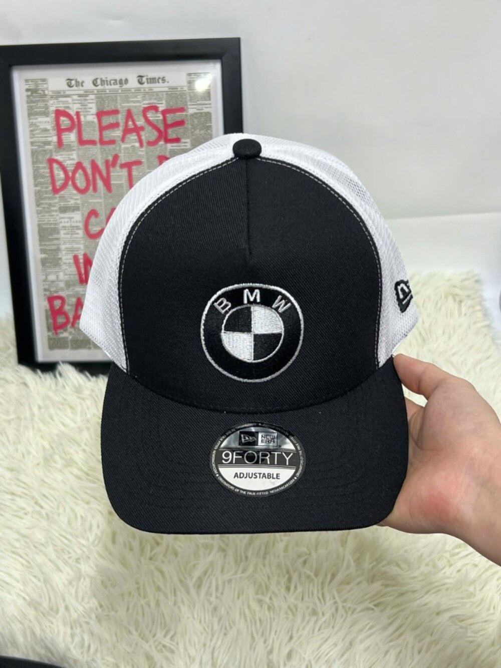 BMW Logo Embroidered New Era 9FORTY Black White Trucker Adjustable Hat